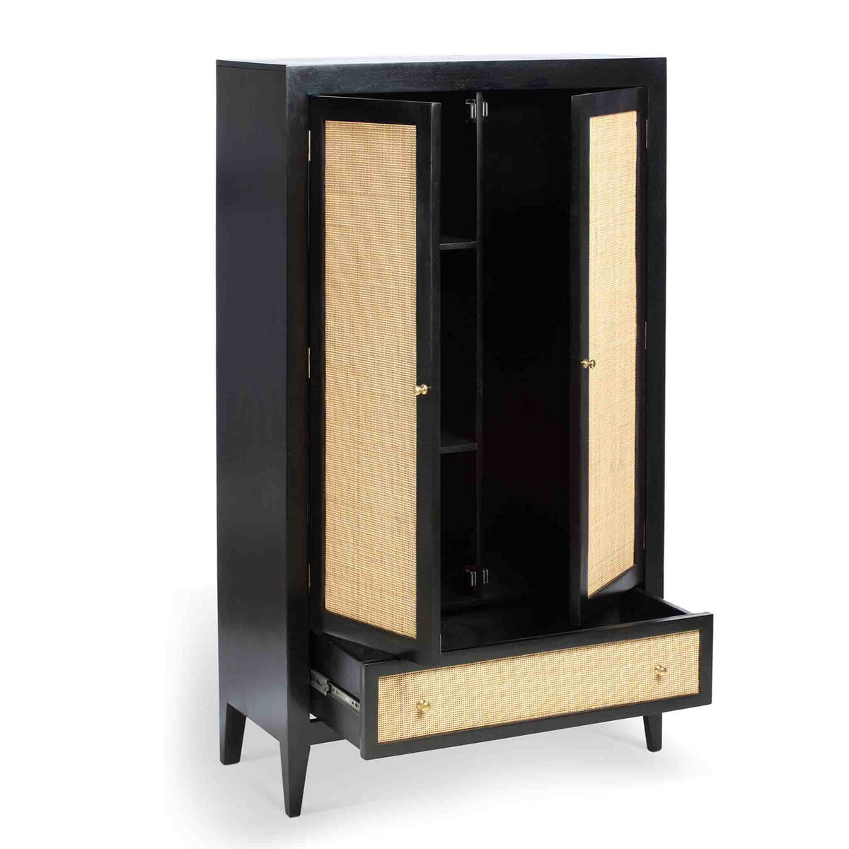 Venti black Mango Wood & Cane Small 2 Door Wardrobe with Drawer