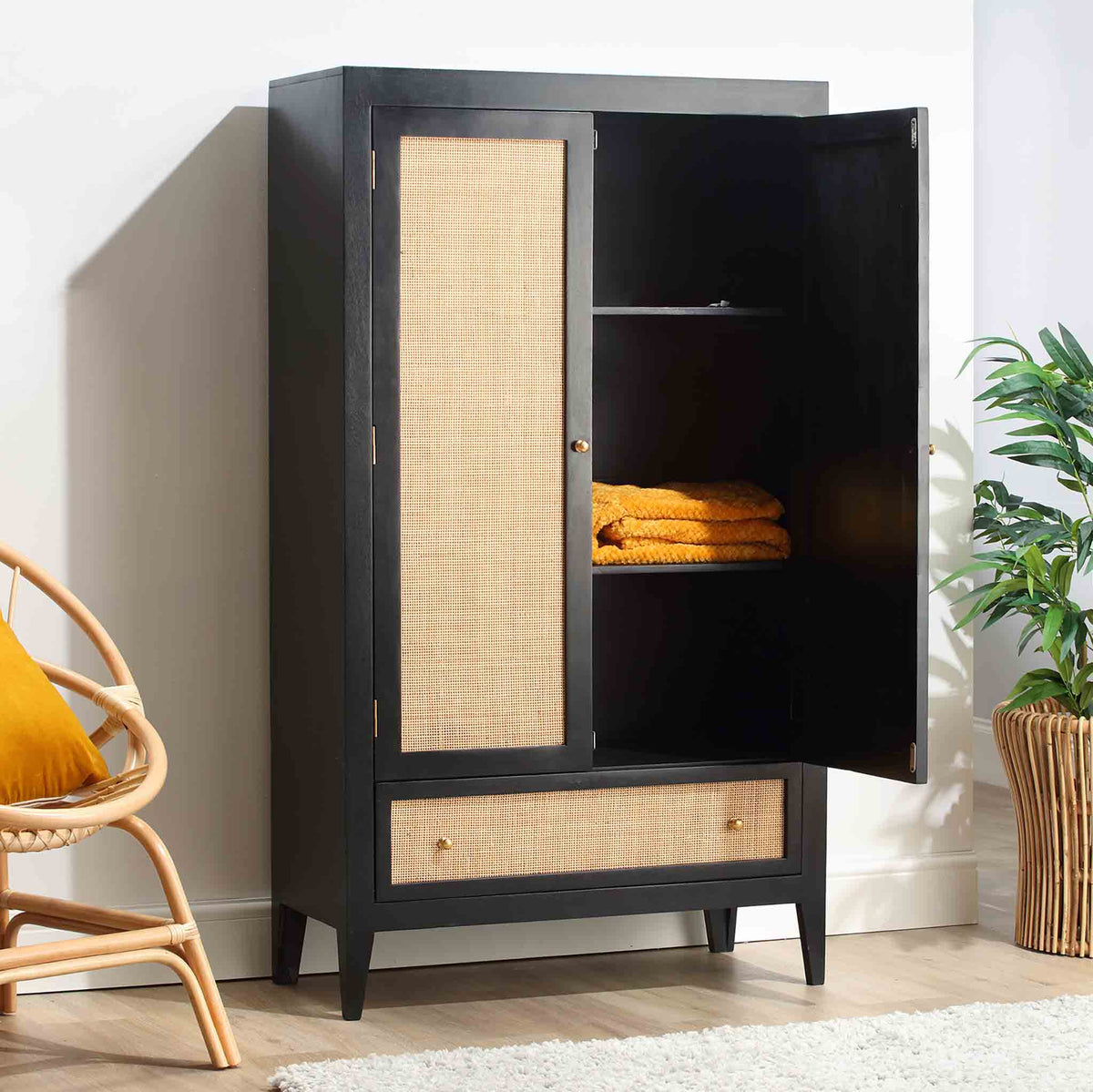 Venti Black Mango Wood & Cane 2 Door Wardrobe with Drawer for Bedroom