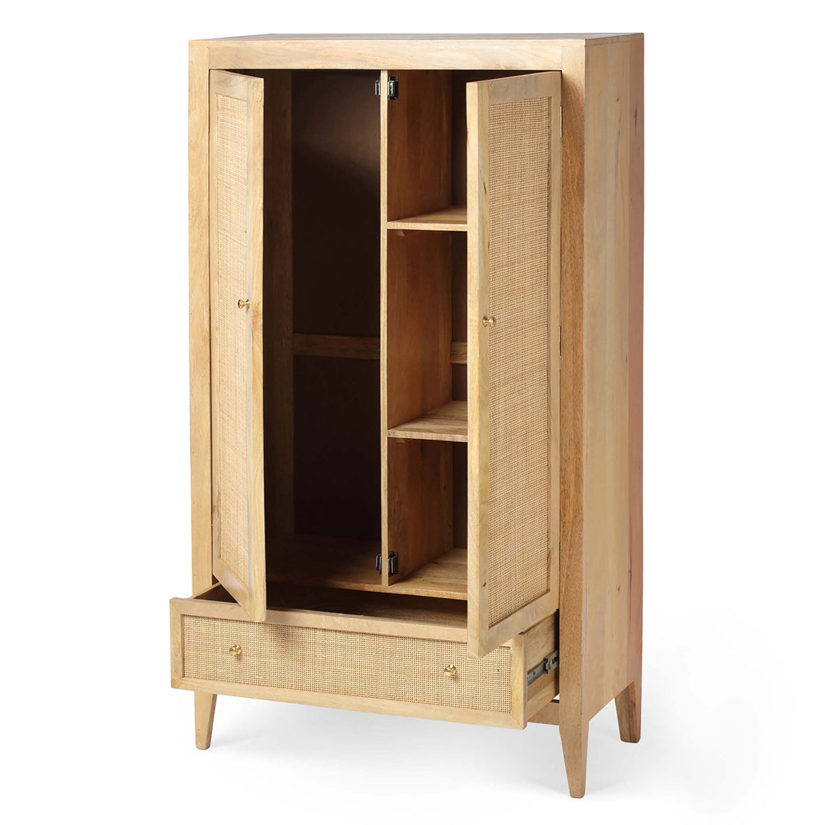 Venti Natural Mango Wood & Cane 2 Door Wardrobe with Storage