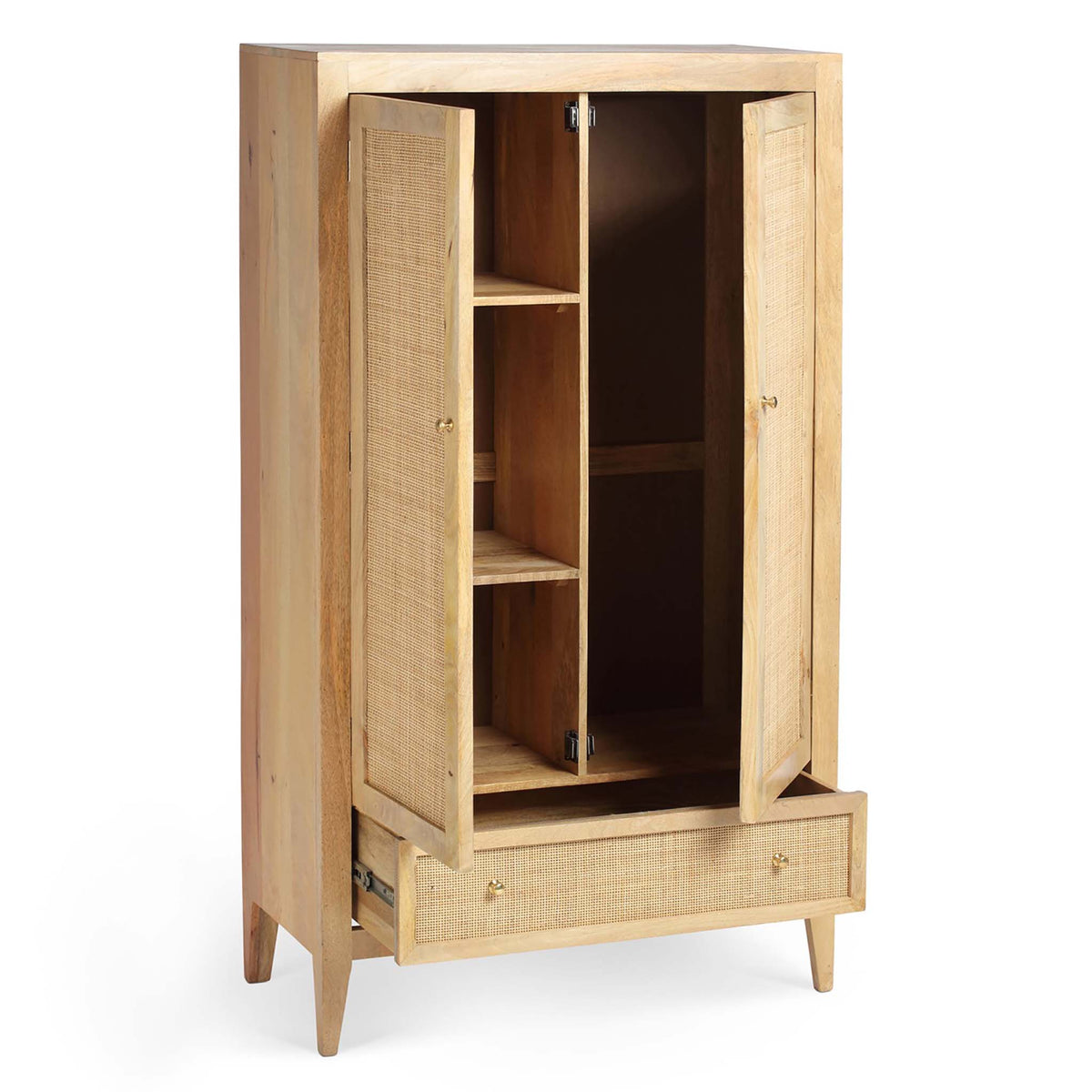 Venti Natural Mango Wood & Cane Small 2 Door Wardrobe with Drawer