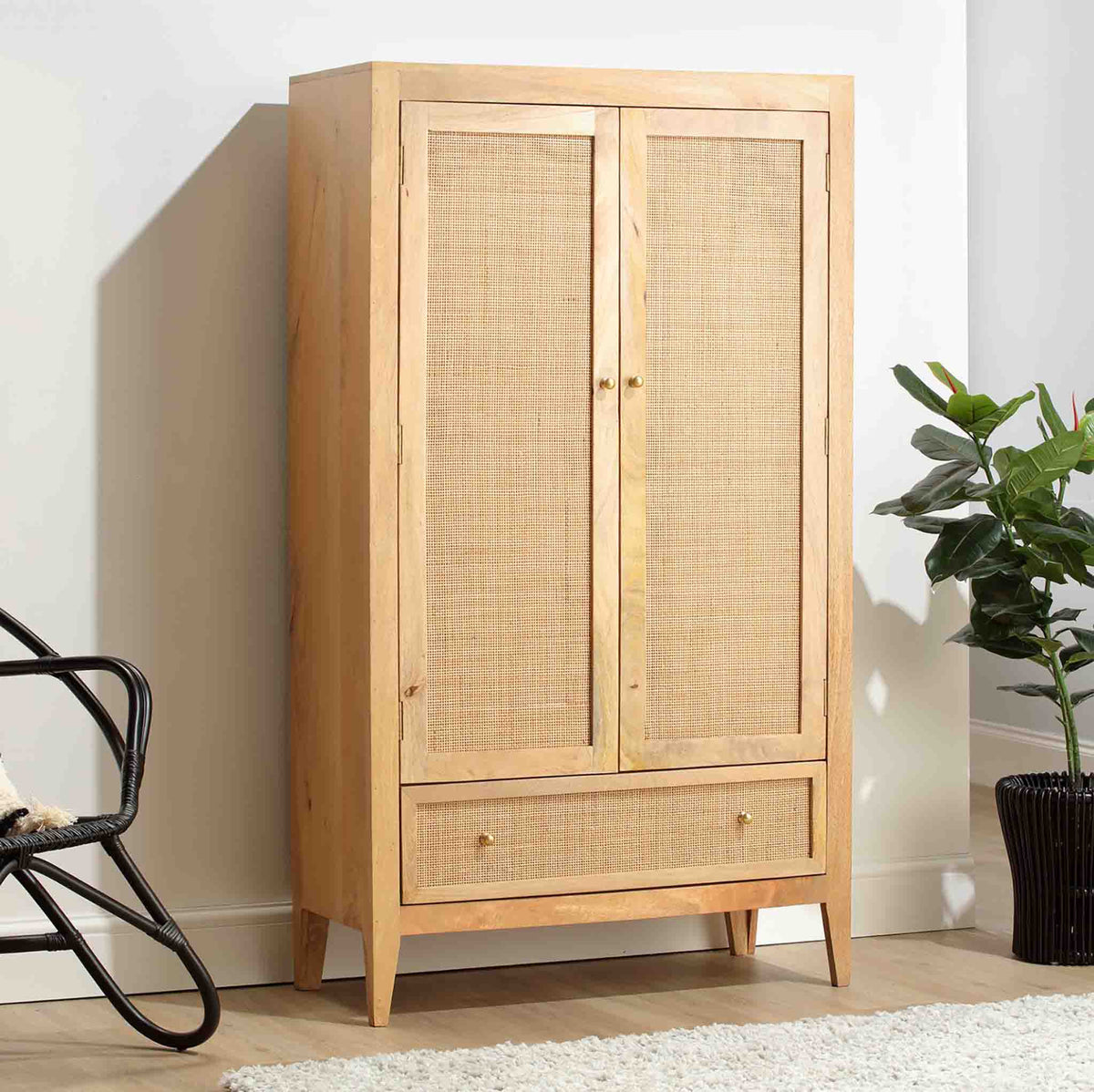 Venti Natural Mango Wood & Cane 2 Door Wardrobe with Drawer Lifestyle