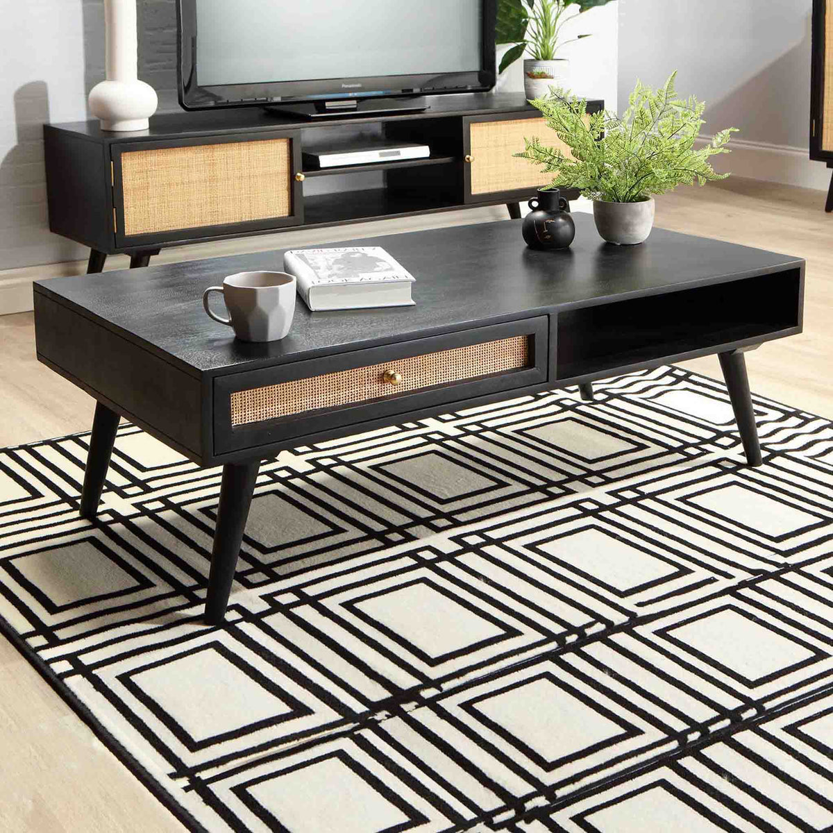 Venti Black Mango Wood and Cane Coffee Table Lifestyle