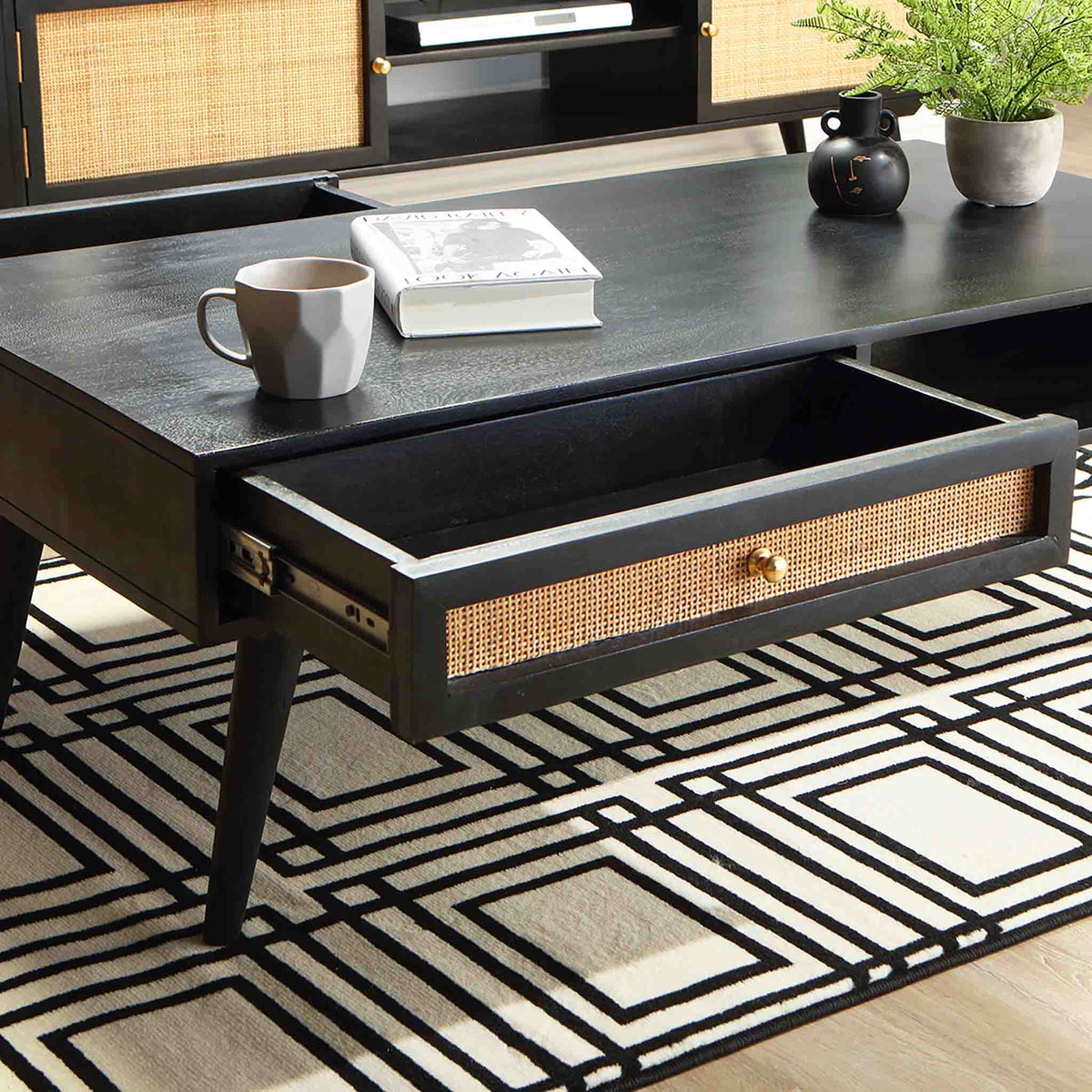 Venti Black Mango Wood and Cane Coffee Table close up