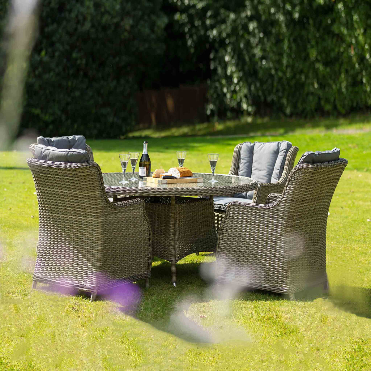 Wentworth 4 Seat 110cm Highback Rattan Garden Dining Set Lifestyle Setting