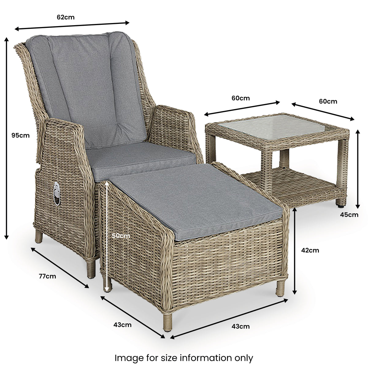 Wicker chair with grey cushions and a matching footrest, alongside a square glass-top table; dimensions provided for each item. Text indicates measurements for clarity. Noted for size information only.