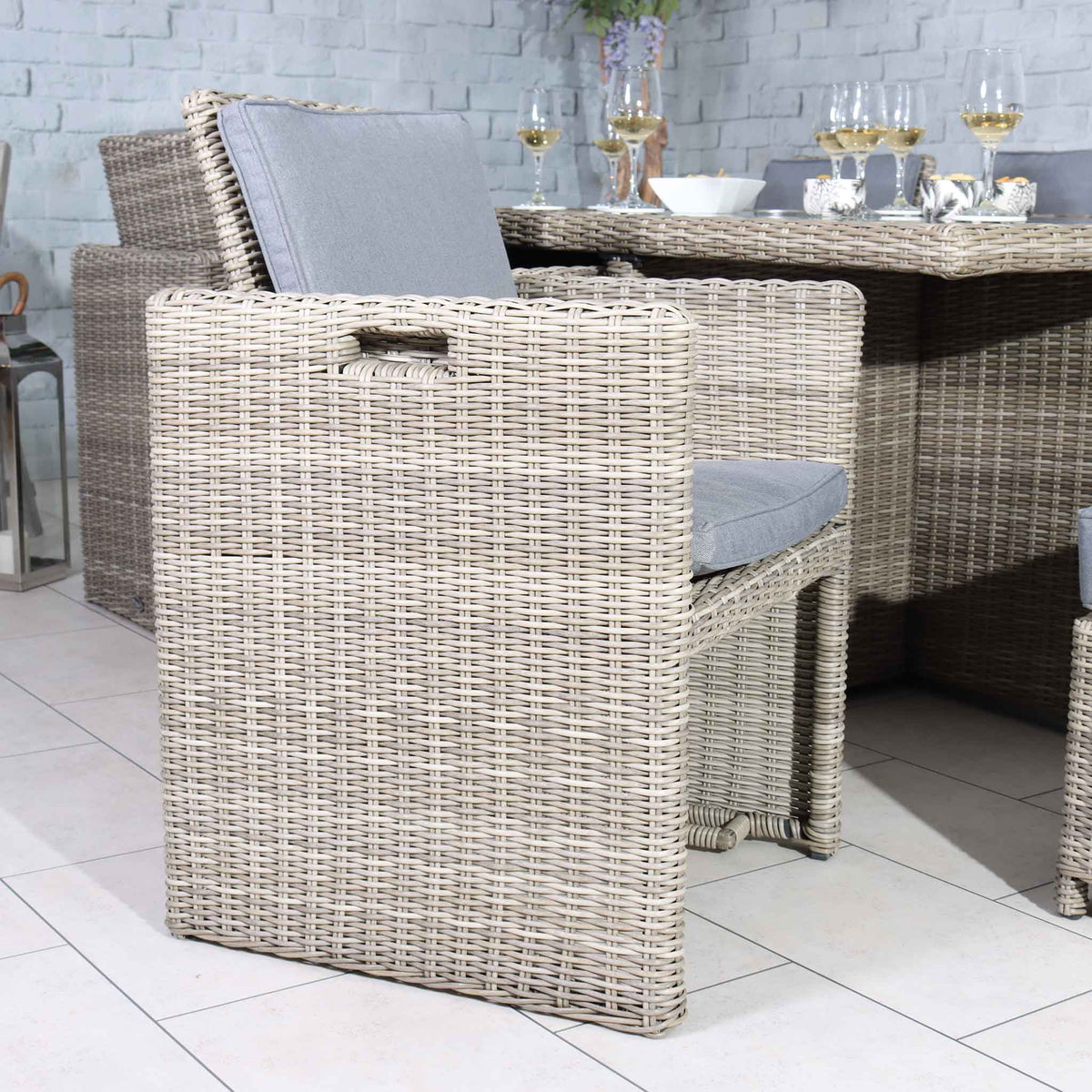 Wentworth 10 Seater Rattan Cube Garden Dining Set close up of weatherproof rattan armchair