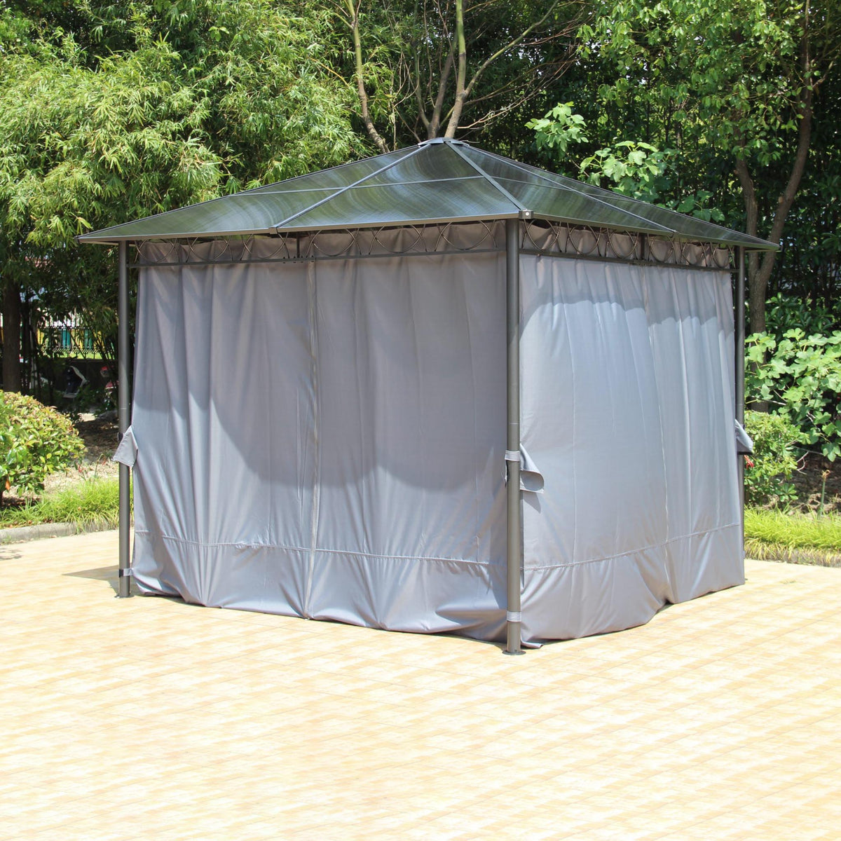 Zurich Grey 3m x 3.7m Polycarbonate Garden Gazebo with curtains