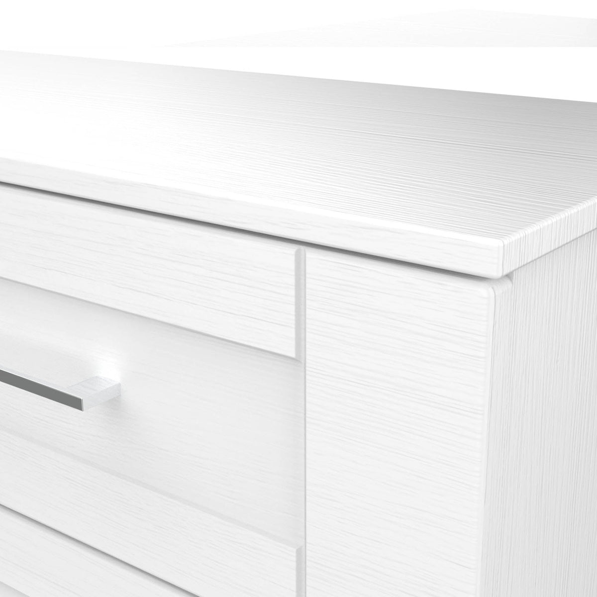 Bellamy White wireless charging 3 drawer bedside table wood grain close up