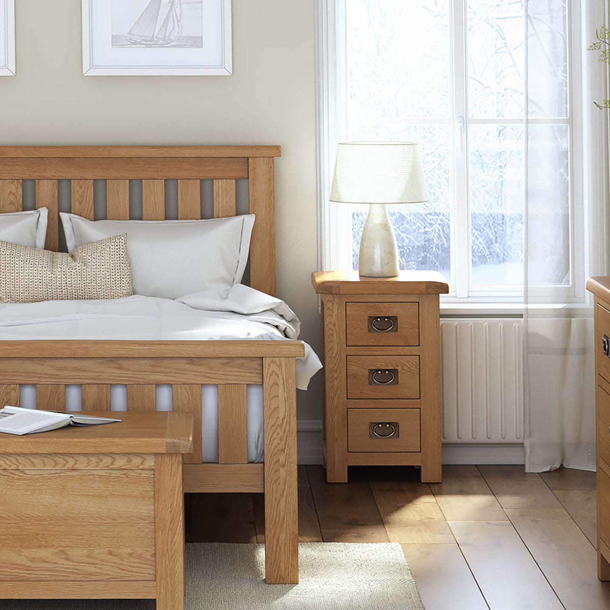 close up lifestyle image of the Zelah Oak 5ft Slatted Bed Frame