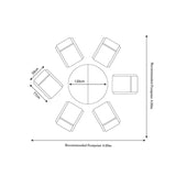 A schematic representation of a layout featuring a central circular table measuring 120cm surrounded by six chairs. Each chair is labeled with dimensions 59cm x 71cm, and the overall recommended footprint is 4.00m.