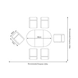 A schematic layout features an oval table and six chairs, indicating dimensions: table width 180cm, chair width 59cm, height 77cm; the recommended footprint is 4.60m.