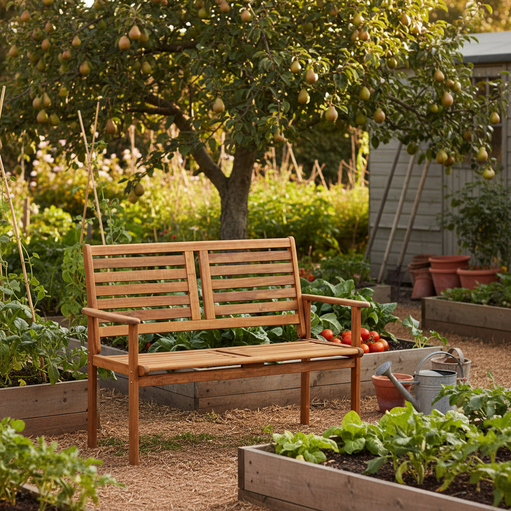 Napoli Acacia 2 Seater Bench in an allotment setting from Roseland Furniture
