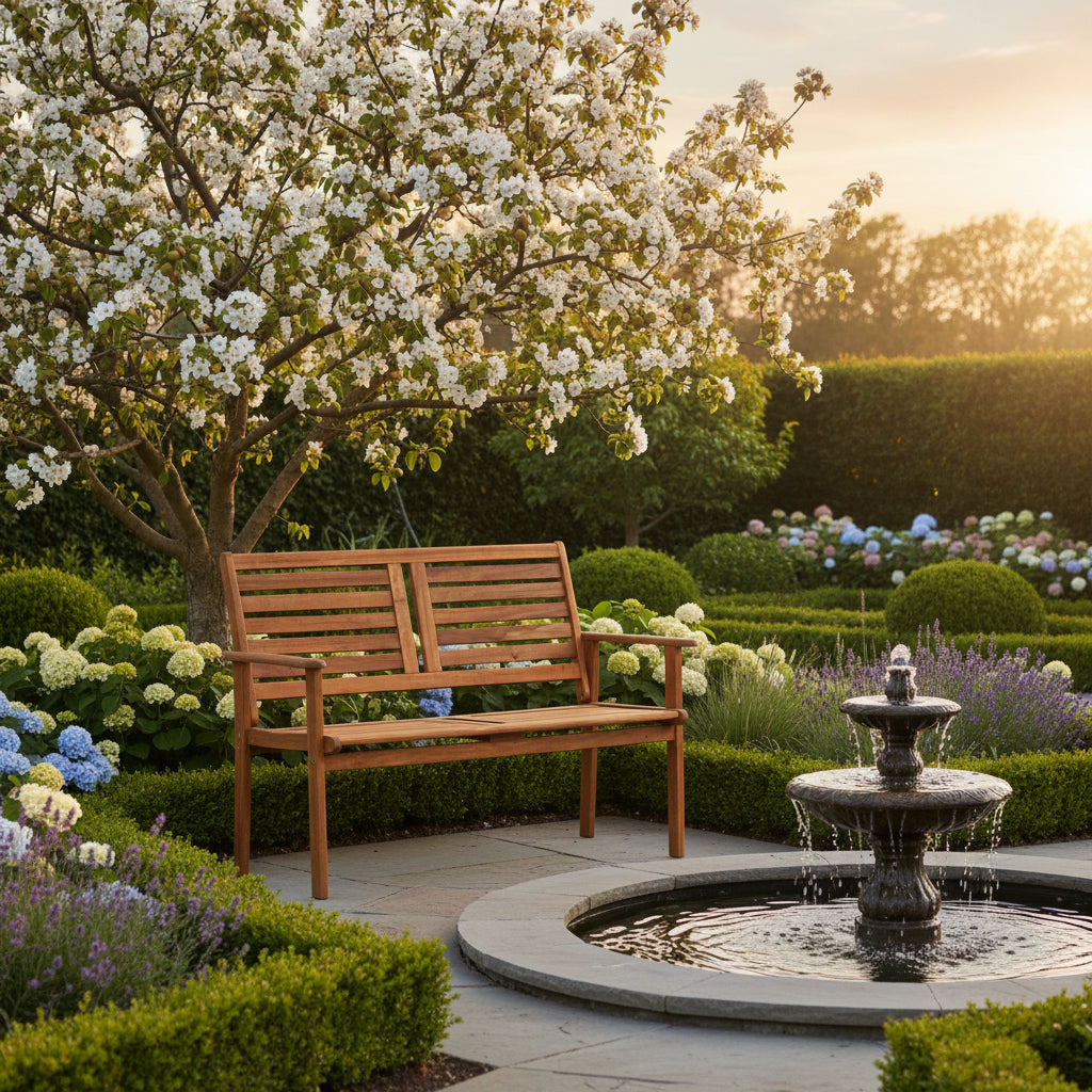 Napoli Acacia 2 Seater Bench in a garden setting by a pond/fountain from Roseland Furniture