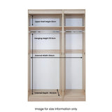 An open wooden wardrobe with dimensions labeled: Upper Shelf Height 29cm, Hanging Height 131.5cm, Internal Width 104cm, Internal Depth 49.2cm. Caption: "Image for size information only."