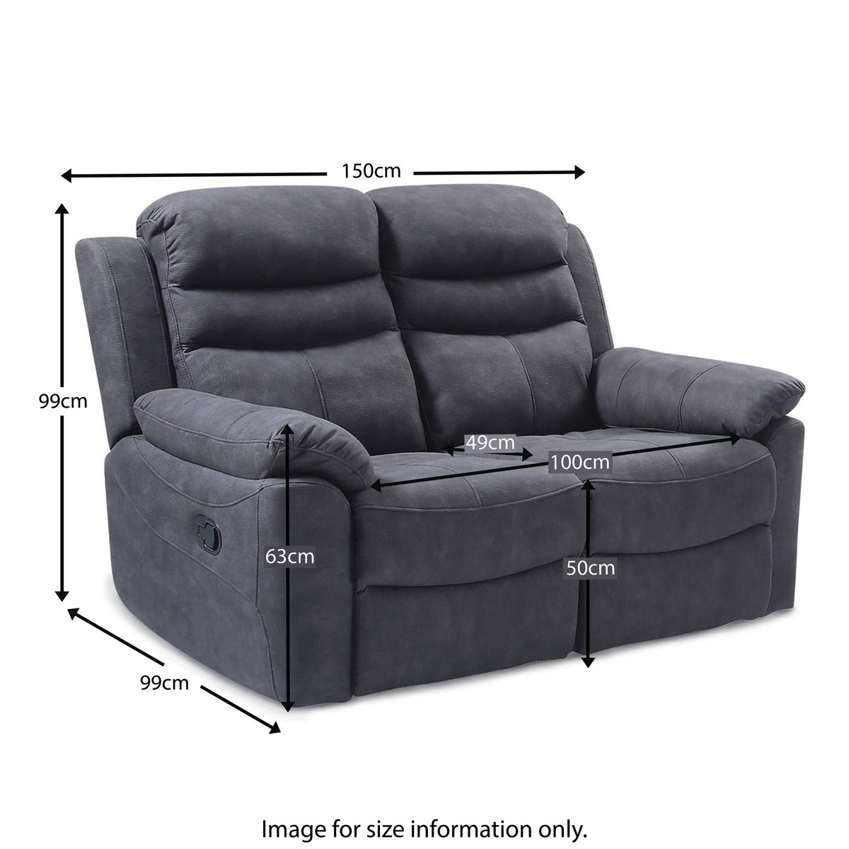 Conway Charcoal 2 Seater Recliner Sofa - Size guide