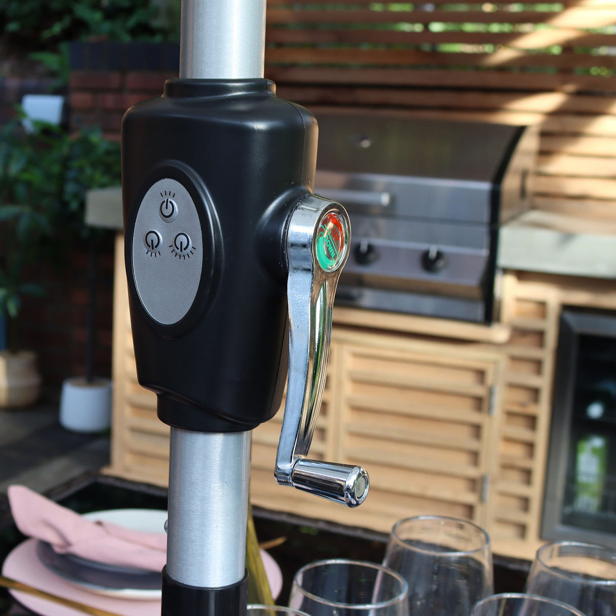 LED lights on the 2.7m Grey LED Lit Solar Powered Outdoor Crank and Tilt Parasol