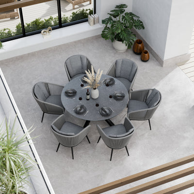 Aspen 6 Seater Round Ceramic Glass Dining Set with Aspen Rope Chairs