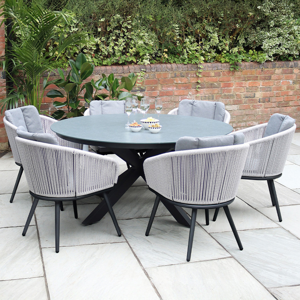 Aspen 150cm Round Grey Table w 6 Rope Chairs from Roseland Furniture
