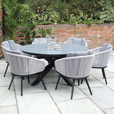 Aspen 6 Seater Round Ceramic Glass Dining Set with Aspen Rope Chairs