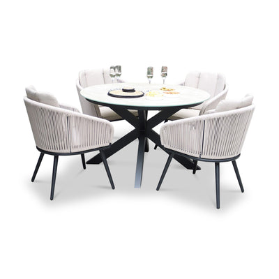 Bali 4 Seater Round Ceramic Glass Dining Set with Bali Rope Chairs