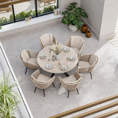 Bali 6 Seater Round Ceramic Glass Dining Set with Bali Rope Chairs