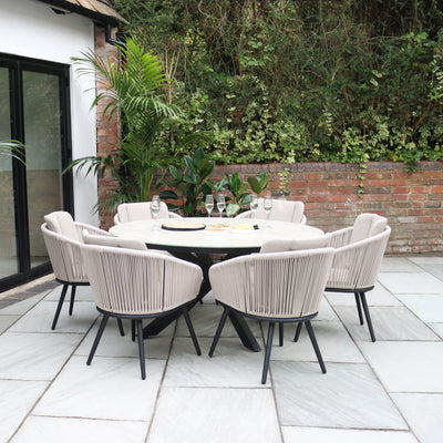 Bali 6 Seater Round Ceramic Glass Dining Set with Bali Rope Chairs