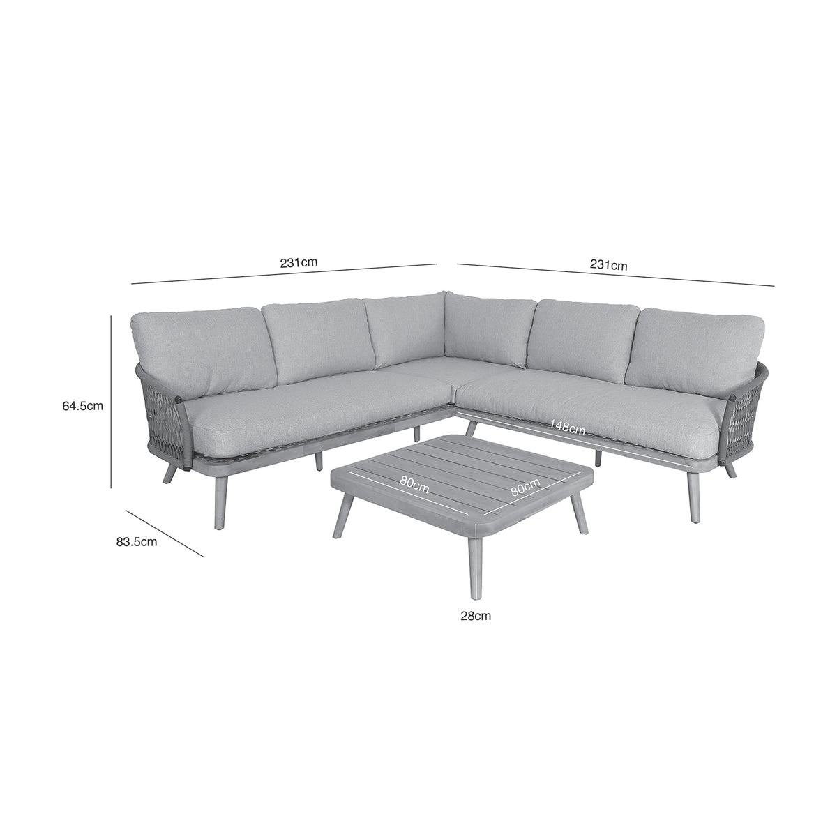A grey corner outdoor sofa and matching coffee table with dimensions: the sofa's height is 64.5cm, length on each side is 231cm, and seat height is 83.5cm; the table's dimensions are 80x80x28cm.
