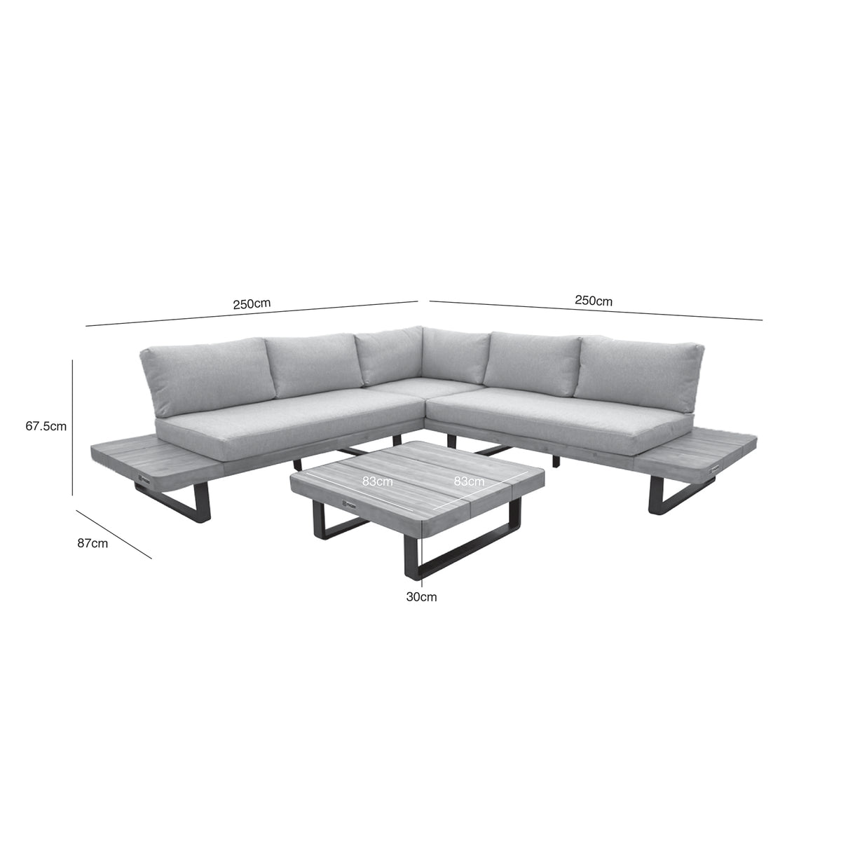 An L-shaped grey sectional sofa and a matching center table, with dimensions displayed: sofa 250cm both sides, table 83cm by 83cm, sofa height 67.5cm, table height 30cm, depth 87cm.