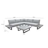 An L-shaped grey sectional sofa and a matching center table, with dimensions displayed: sofa 250cm both sides, table 83cm by 83cm, sofa height 67.5cm, table height 30cm, depth 87cm.