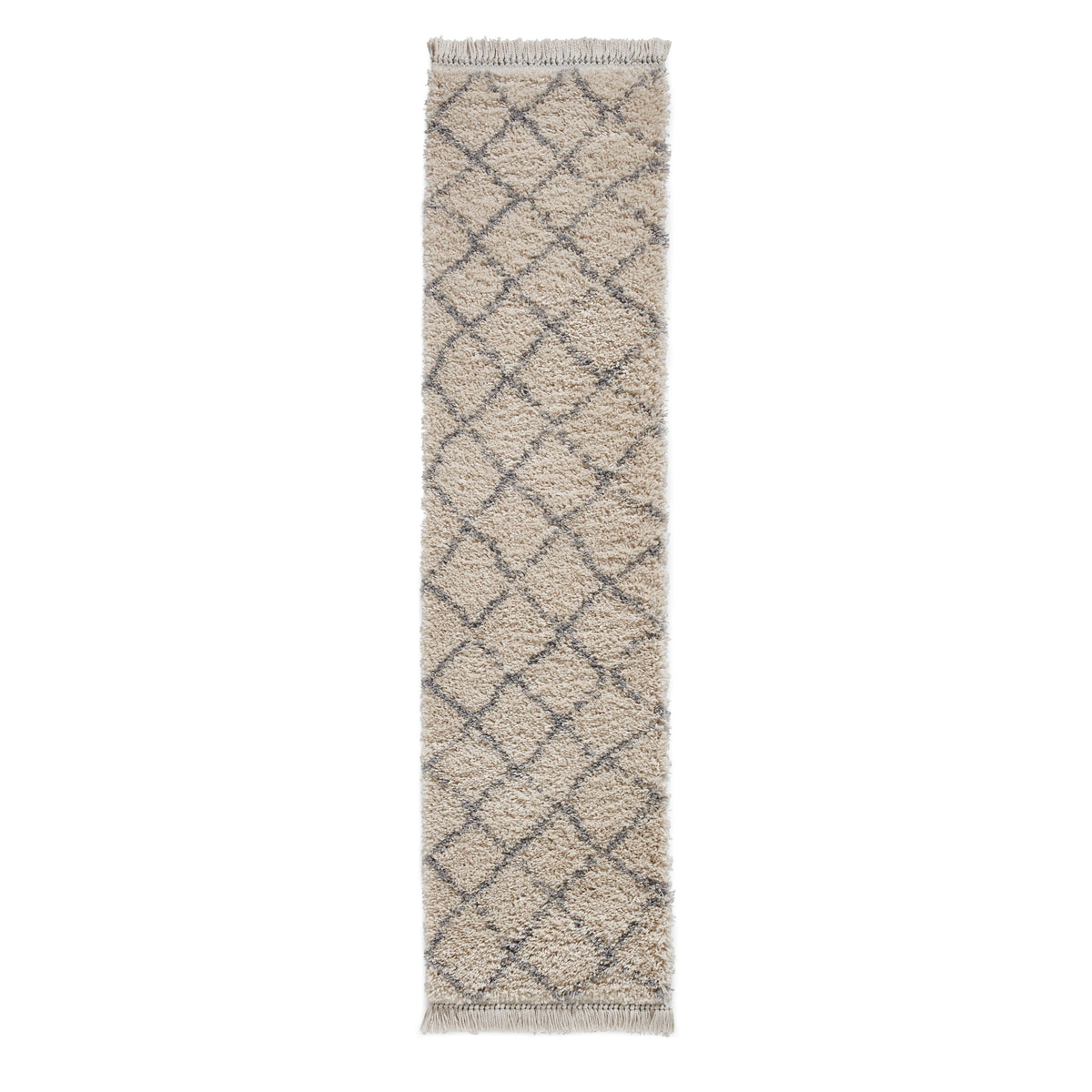 Cream Willow Shaggy Tasselled Diamond Runner Rug from Roseland Furniture