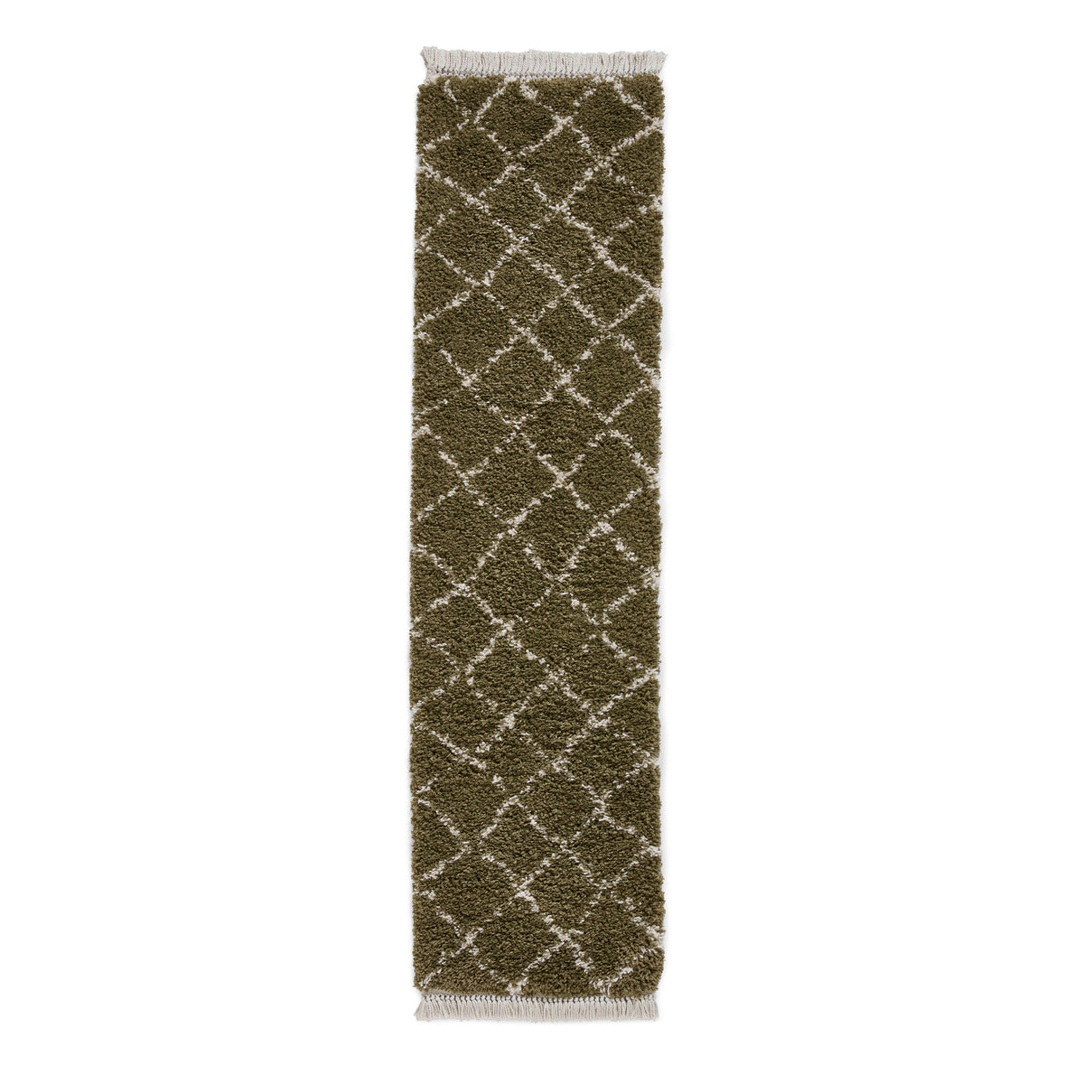 Green Willow Shaggy Tasselled Diamond Runner Rug from Roseland Furniture