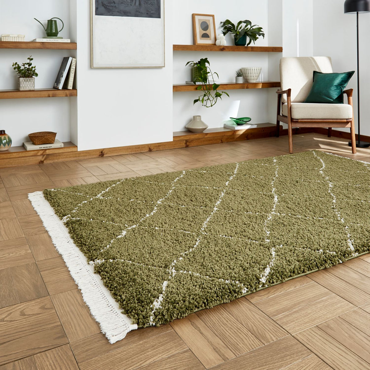 Green Willow Shaggy Tasselled Diamond Rug from Roseland Furniture