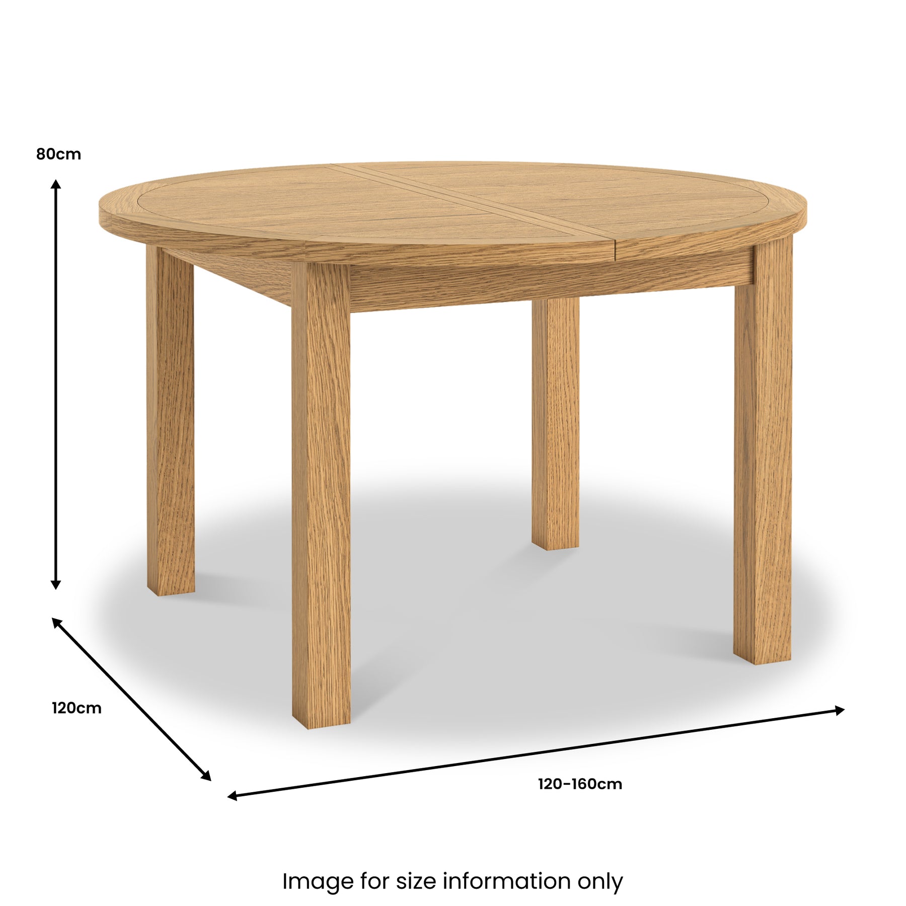 Broadway Oak 120-160cm Round Extendable Dining Table dimensions