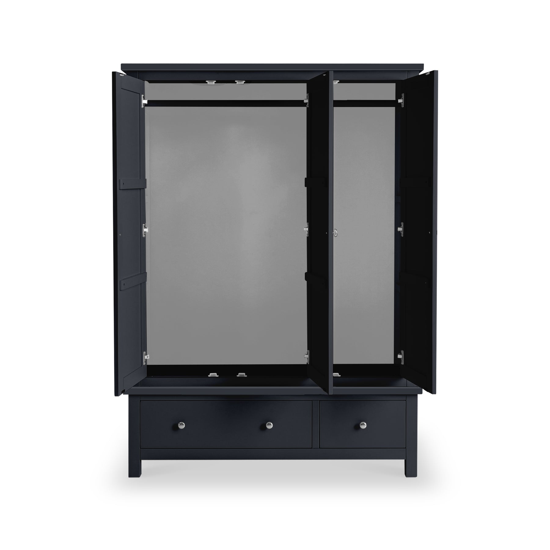 A black wardrobe with open doors, revealing a spacious, empty interior, stands against a white background. Below the cabinet section, a drawer is visible.