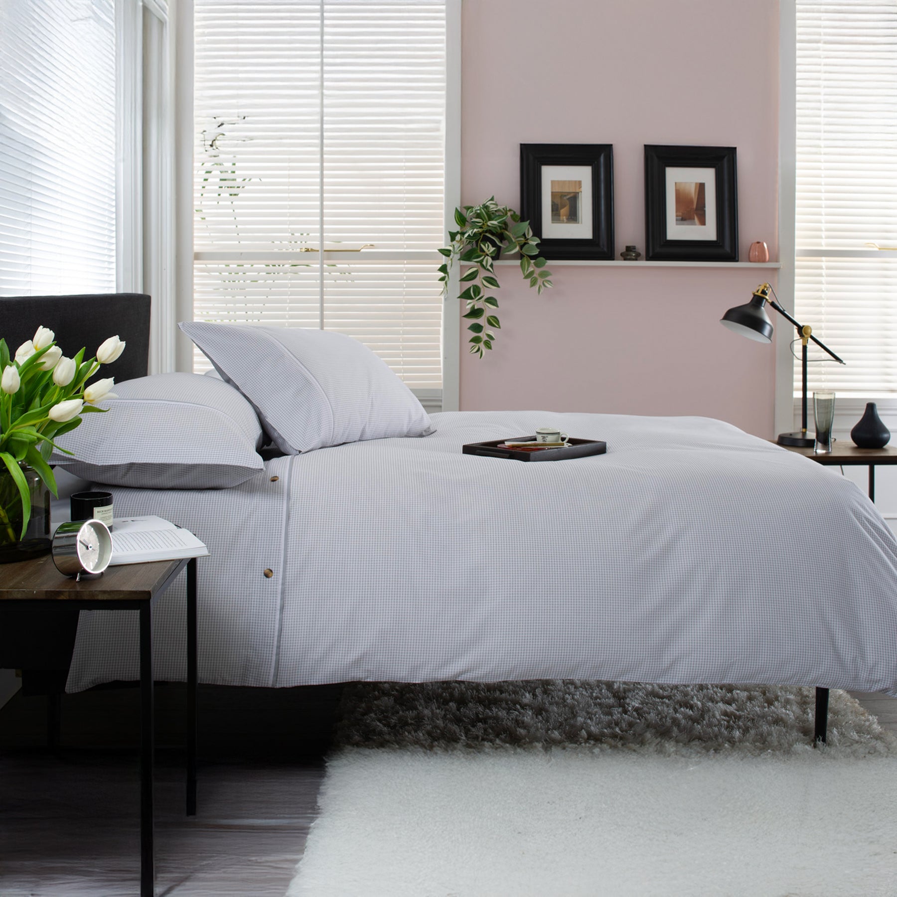 Gingham Single Duvet Set Grey White from Roseland Furniture