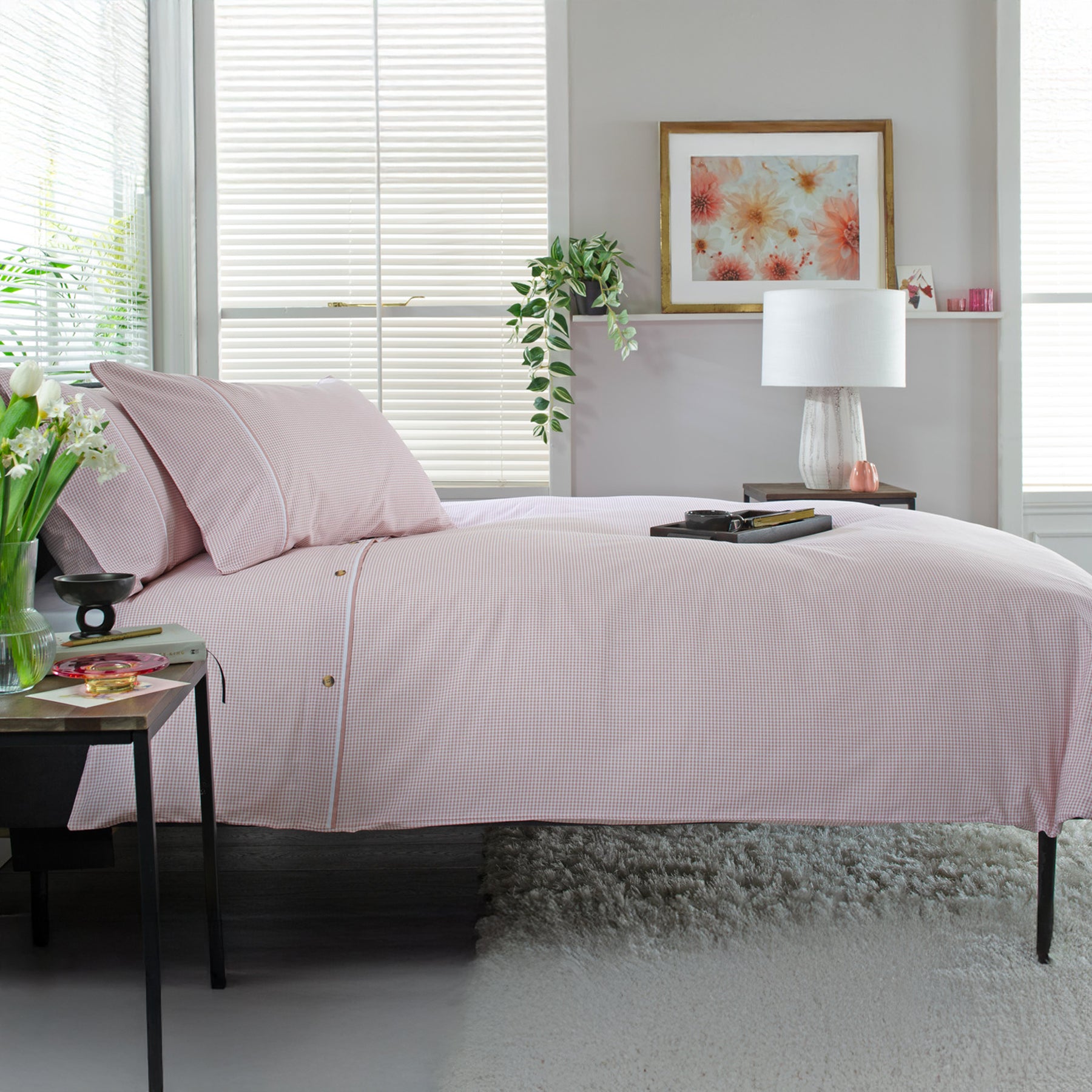 Gingham Single Duvet Set Rose White from Roseland Furniture