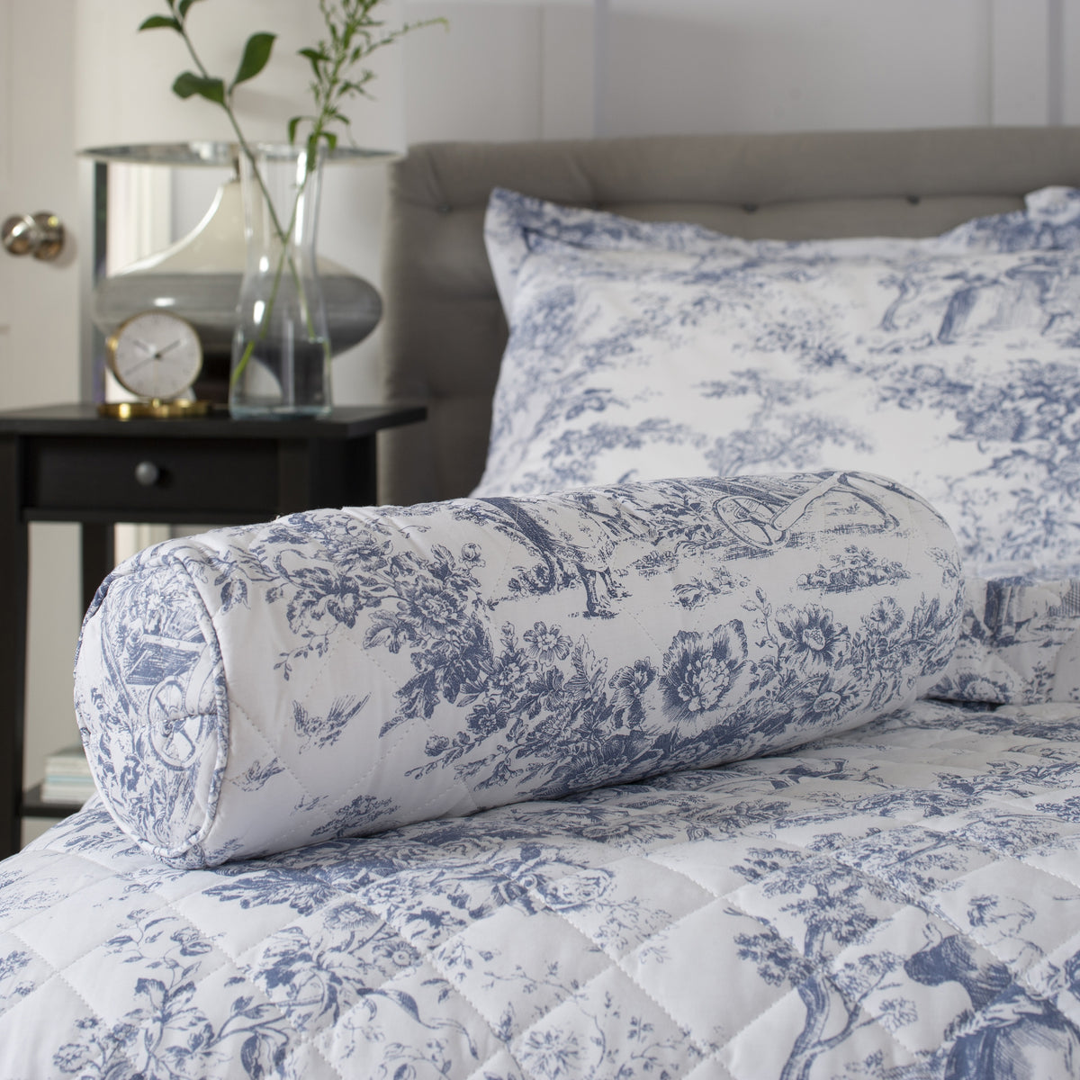 Toile De Jouy Bolster Cushion Blue from Roseland Furniture