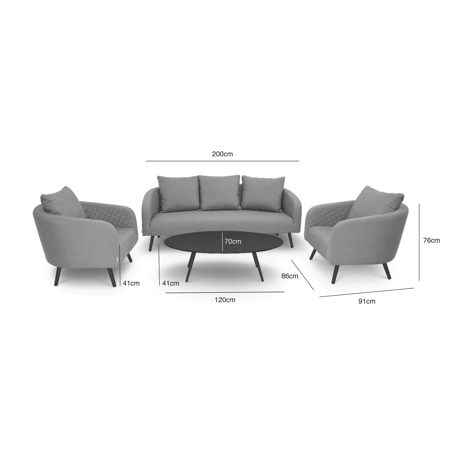 A modern living room furniture set, including a couch and two armchairs in a gray fabric, with a round black coffee table; dimensions provided for each item.