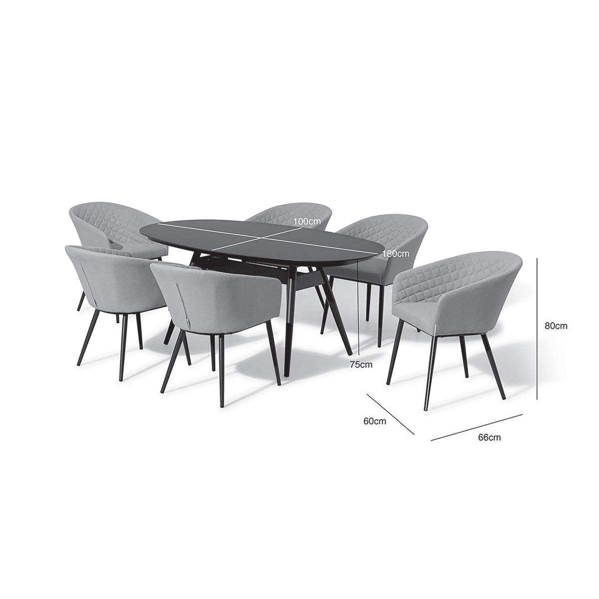 A modern dining set with a black table and six grey upholstered chairs. Dimensions are labeled: table height 75cm, width 100cm, length 180cm; chair height 80cm, seat depth 60cm, width 66cm.