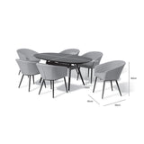 A modern dining set with a black table and six grey upholstered chairs. Dimensions are labeled: table height 75cm, width 100cm, length 180cm; chair height 80cm, seat depth 60cm, width 66cm.