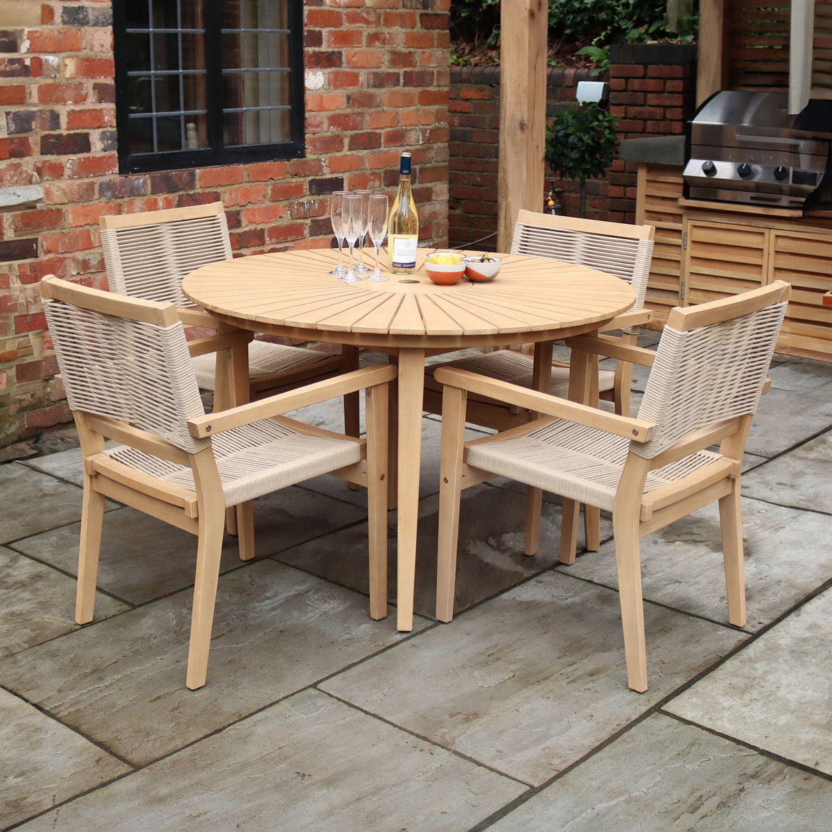 Roma FSC 120cm Table with 4 Stacking Rope Chairs from Roseland Furniture