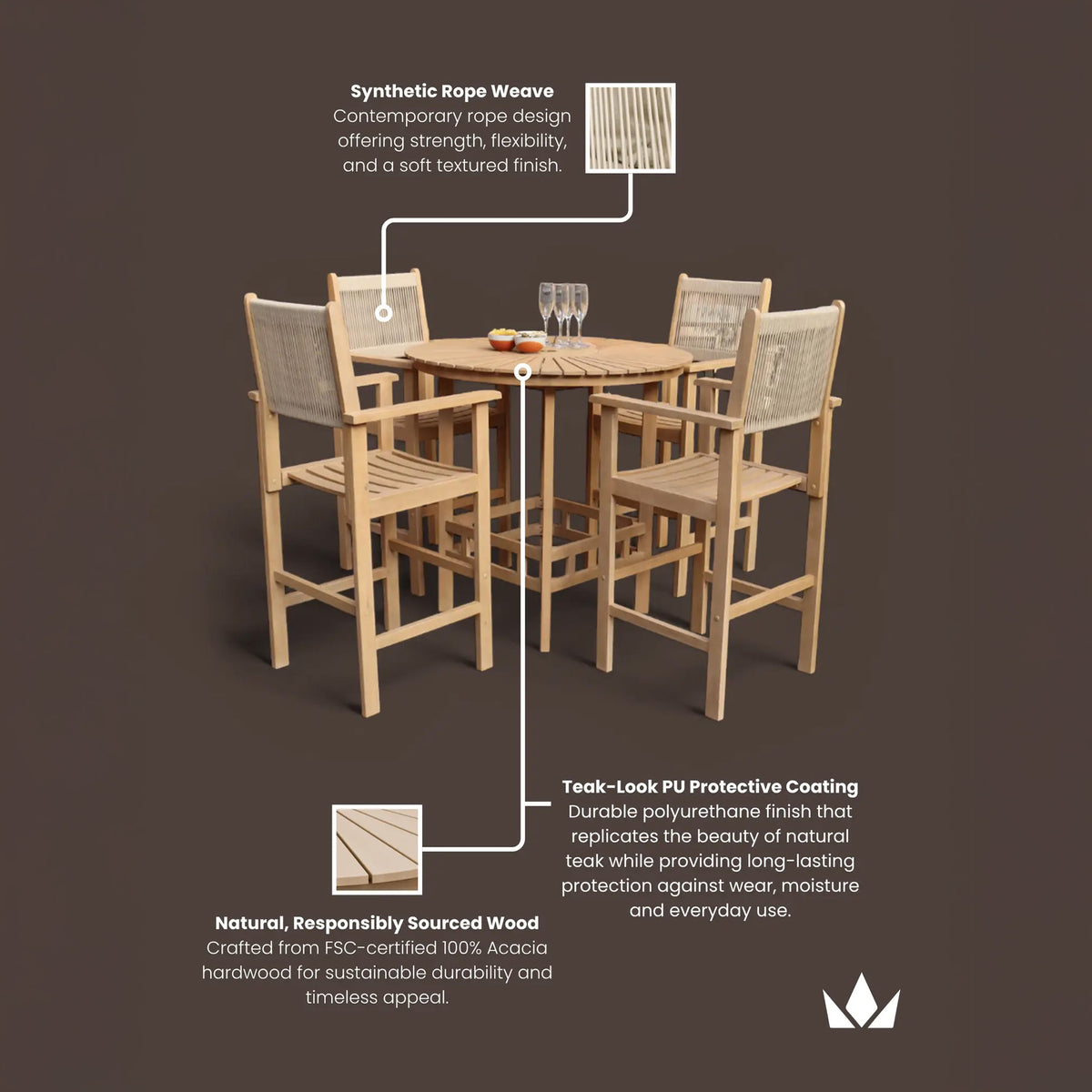 Roma FSC Bar Set 100cm High Table With 4 Rope Bar Stools