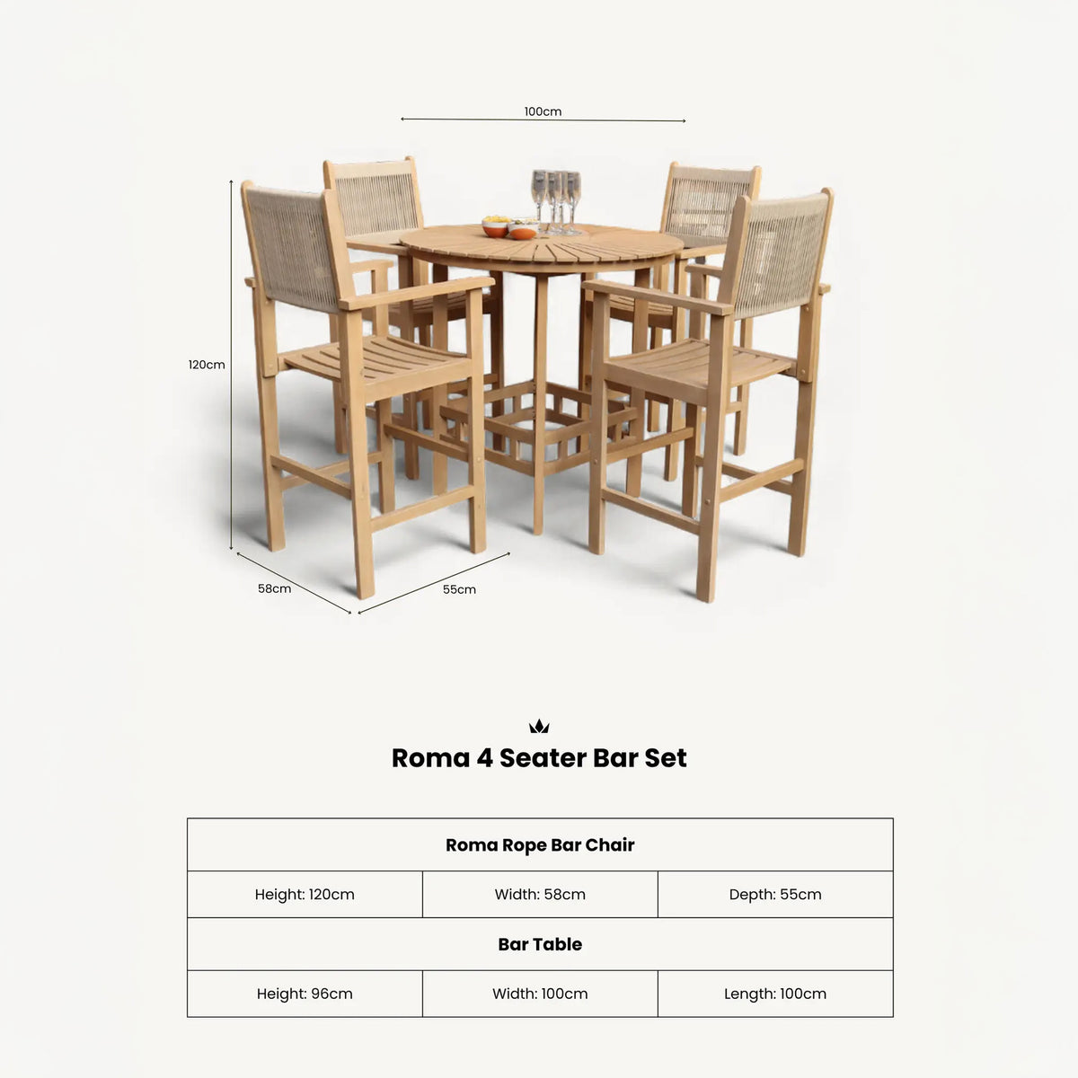 Roma FSC Bar Set 100cm High Table With 4 Rope Bar Stools dimensioins