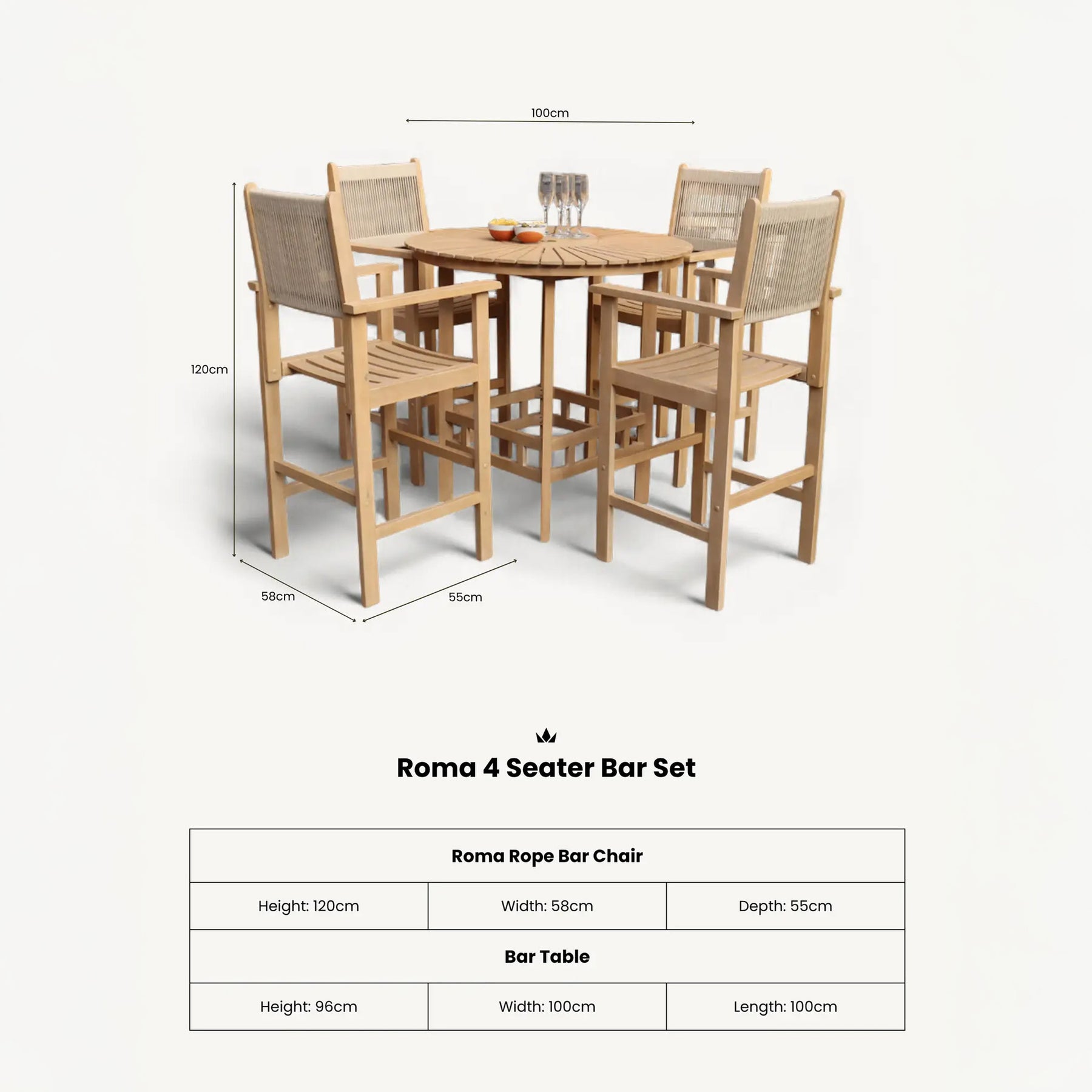 Roma FSC Bar Set 100cm High Table With 4 Rope Bar Stools dimensioins