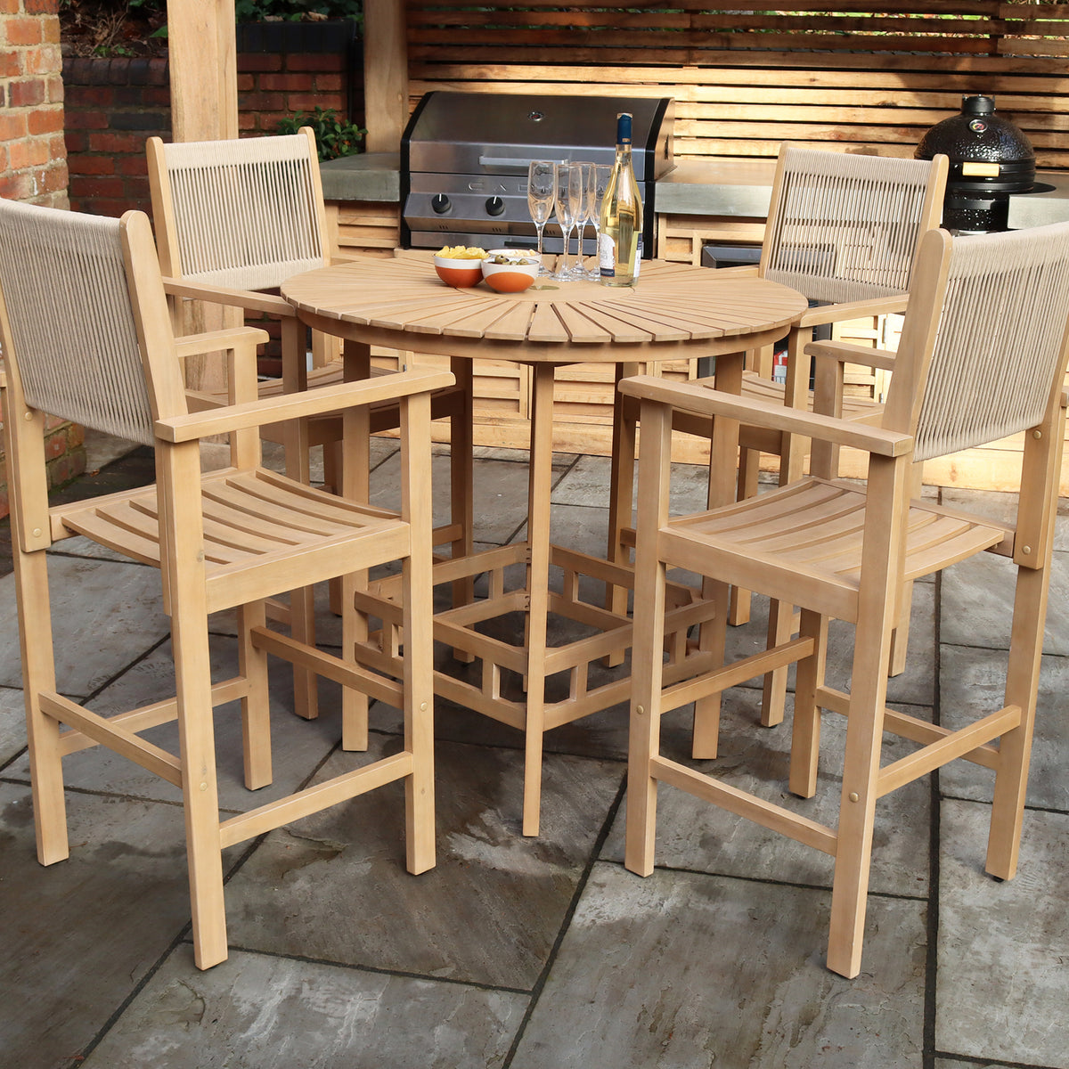 Roma FSC Bar 100cm High Table and 4 Rope Bar Stools from Roseland Furniture