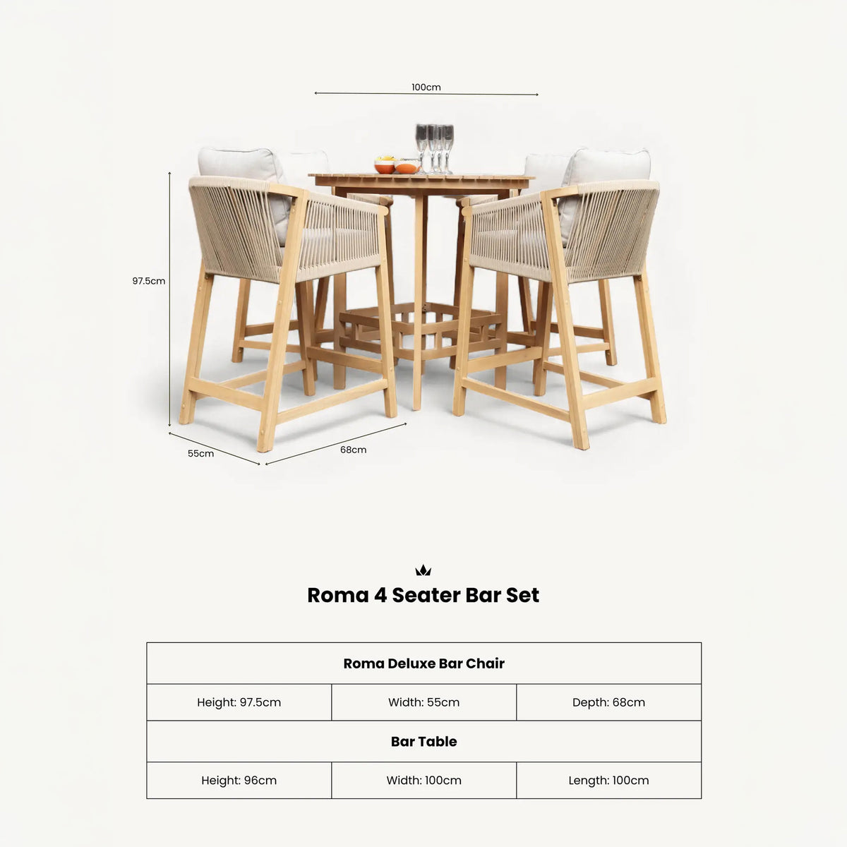 Roma FSC Bar Set 100cm High Table With 4 Deluxe Bar Stools dimensions