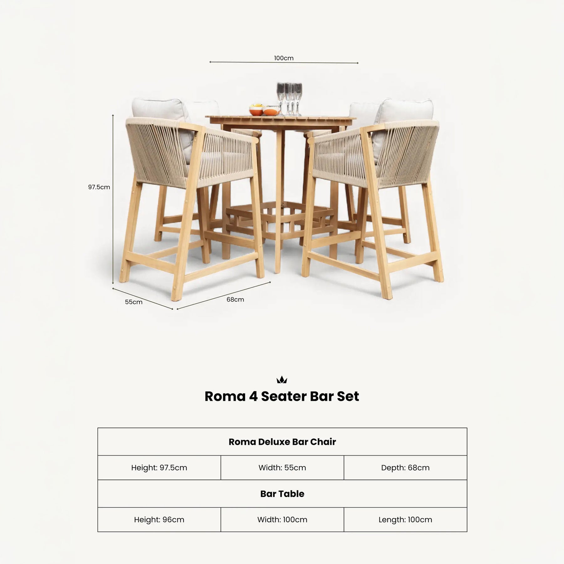 Roma FSC Bar Set 100cm High Table With 4 Deluxe Bar Stools dimensions