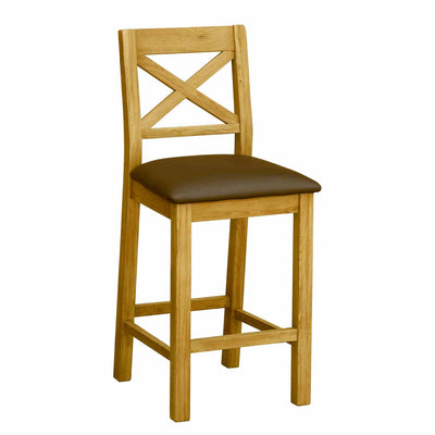 Zelah Oak Cross Back Bar Stool with Brown Seat