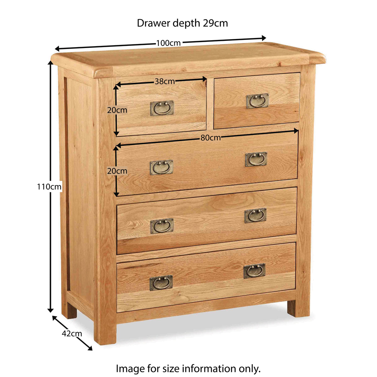 Zelah Oak 2 over 3 Drawer Chest - Size Guide