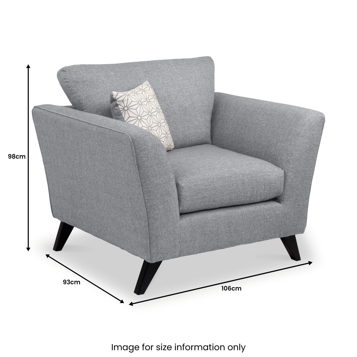 A gray armchair with angled black legs and a geometric-patterned accent pillow. Dimensions are indicated: 98cm high, 93cm deep, and 106cm wide. Text at the bottom reads "Image for size information only."